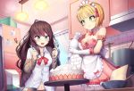  2girls ahoge apron bangs bare_shoulders blonde_hair blue_eyes blush bow breasts brown_hair brown_jacket cake cleavage commentary dot_nose dress eyebrows_visible_through_hair food fork fruit gloves green_eyes heart holding ichinose_shiki idolmaster idolmaster_cinderella_girls idolmaster_cinderella_girls_starlight_stage indoors jacket kitchen knife lamp long_hair long_sleeves maid maid_dress maid_headdress medium_breasts messy_hair milk_carton miyamoto_frederica multiple_girls navel off_shoulder pink_dress raizen_(jung_0000) red_bow red_heart red_neckwear shirt short_hair short_sleeves sleeveless smile strapless strawberry thighhighs tongue tongue_out upper_body white_apron white_gloves white_headdress white_legwear white_shirt 