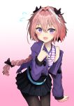  1boy absurdres astolfo_(fate) black_bow black_legwear black_skirt blue_eyes blush bow commentary_request eyebrows_visible_through_hair fang fate/apocrypha fate/grand_order fate_(series) hair_between_eyes hair_bow highres jacket jtleeklm long_sleeves looking_at_viewer off_shoulder pantyhose pink_hair pleated_skirt pointing pointing_at_self ponytail purple_jacket shirt simple_background skirt solo striped striped_shirt trap 