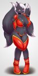  2019 4_tails absurd_res anthro armor big_breasts bikini_armor black_fur blush bracers breasts canid canine clothed clothing crotch_lines eyeliner female fox full_body fur hair hi_res huge_breasts knees_together_feet_apart makeup mammal multi_tail navel pauldron pinup pose red_eyes shadow shiny_fur simple_background smile solo standing tailzkim tiptoes unconvincing_armor white_background white_hair wide_hips 