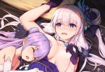  2girls 5555_96 ahoge arm_up azur_lane bangs bare_shoulders blue_dress blue_eyes blush breasts breasts_apart breasts_outside choker cleavage dress dress_pull eyebrows_visible_through_hair eyes_closed gloves hair_bun hair_ornament hand_up illustrious_(azur_lane) illustrious_(never-ending_tea_party)_(azur_lane) large_breasts long_hair lying multiple_girls on_back open_mouth purple_gloves purple_hair side_bun sidelocks sleeping unicorn_(azur_lane) very_long_hair 