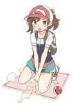  1girl aqua_shorts ayumi_(pokemon) backpack bag baseball_cap between_legs black_shirt blush brown_eyes brown_hair collarbone creatures_(company) embarrassed female flat_chest game_freak hand_between_legs hands_together hat hinahizu kneeling looking_at_viewer nintendo open_mouth peeing peeing_self poke_ball poke_ball_(generic) poke_ball_theme pokemon pokemon_(game) pokemon_lgpe puddle red_footwear red_headwear shiny shiny_hair shirt shoes short_hair short_shorts short_sleeves shorts simple_background solo steam tears v_arms wet wet_clothes white_background 