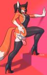  anthro balls canid canine clothed clothing crackiepipe crossdressing footwear fox girly hand_on_butt hi_res high_heels humanoid_penis male mammal markings open_mouth penis shoes smile socks_(marking) solo standing 