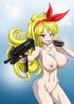  1girl areolae armpits bangs blonde_hair blush breasts clenched_teeth cowboy_shot curly_hair dragon_ball explosive gradient gradient_background grenade groin hair_ribbon highres holding holding_weapon large_breasts legs long_hair lunch_(dragon_ball) mouth_hold navel nel-zel_formula nipples no_pussy nude open_mouth red_eyes ribbon simple_background smile solo standing teeth thighs weapon 