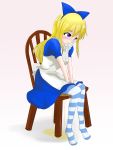  1girl alice_(wonderland) alice_in_wonderland apron bangs between_legs blonde_hair blue_dress blue_eyes blue_hairband blue_legwear blush breasts chair closed_mouth dress embarrassed eyebrows_visible_through_hair female full_body gradient gradient_background hairband half-closed_eyes hand_between_legs highres knees_together_feet_apart long_hair pantyhose peeing peeing_self pink_background puddle puffy_short_sleeves puffy_sleeves shiny shiny_hair short_sleeves simple_background sitting small_breasts solo striped striped_legwear tears textless toby_(pixiv_8804205) v_arms white_apron 
