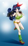  1girl armpits belt blue_eyes blue_hair blush breasts cleavage curly_hair dragon_ball erect_nipples explosive fingerless_gloves full_body gloves gradient gradient_background green_tank_top grenade hair_ribbon highres holding holding_weapon large_breasts legs long_hair looking_at_viewer lunch_(dragon_ball) matching_hair/eyes midriff navel nel-zel_formula open_mouth ribbon shoes short_shorts shorts simple_background smile sneakers socks solo standing tank_top thighs weapon yellow_shorts 