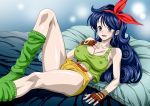  1girl bare_shoulders bed belt blue_eyes blue_hair blush breasts cleavage curly_hair dragon_ball erect_nipples fingerless_gloves gloves gradient gradient_background green_tank_top groin hair_ribbon hand_on_own_chest happy large_breasts leg_up legs long_hair looking_at_viewer loose_socks lunch_(dragon_ball) lying matching_hair/eyes midriff nel-zel_formula on_bed pillow ribbon short_shorts shorts simple_background sleeveless smile solo tank_top thighs yellow_shorts 