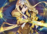  1girl alice_schuberg armor armored_dress blonde_hair blue_eyes braid breastplate commentary_request eyepatch gauntlets hairband holding holding_sword holding_weapon long_hair looking_at_viewer shoulder_armor solo sword sword_art_online tsuedzu very_long_hair weapon white_hairband 