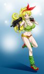  1girl armpits bare_shoulders belt blonde_hair blush breasts cleavage clenched_teeth curly_hair dragon_ball erect_nipples explosive feet fingerless_gloves full_body gloves gradient gradient_background green_tank_top grenade hair_ribbon highres holding holding_weapon large_breasts legs long_hair loose_socks lunch_(dragon_ball) midriff mouth_hold navel nel-zel_formula open_mouth red_eyes ribbon shoes short_shorts shorts simple_background smile sneakers standing tank_top teeth thighs weapon yellow_shorts 