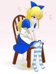  1girl alice_(wonderland) alice_in_wonderland apron bangs between_legs blonde_hair blue_dress blue_eyes blue_hairband blue_legwear blush breasts chair closed_mouth dress embarrassed eyebrows_visible_through_hair female full_body gradient gradient_background hairband half-closed_eyes hand_between_legs highres japanese_text knees_together_feet_apart long_hair pantyhose peeing peeing_self pink_background puddle puffy_short_sleeves puffy_sleeves shiny shiny_hair short_sleeves simple_background sitting small_breasts solo striped striped_legwear tears toby_(pixiv_8804205) translation_request trembling v_arms white_apron 