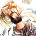  1girl armpits arms_behind_head bangs black_pants black_tank_top blonde_hair breasts cleavage collar eyebrows_visible_through_hair floating_hair gundam gundam_tekketsu_no_orphans kudelia_aina_bernstein large_breasts long_hair midriff navel pants parted_lips pink_eyes ponytail shiny shiny_hair simple_background solo stomach sushi_(sashimise) tying_hair very_long_hair white_background 