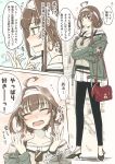  1girl ahoge alternate_costume alternate_hairstyle bag black_footwear blouse braid breath brown_hair commentary_request eyes_closed eyewear_removed french_braid green_jacket hairband highres jacket kantai_collection kongou_(kantai_collection) long_hair open_mouth purple_eyes red_bag shoulder_bag solo tied_hair translation_request twitter_username umino_mokuzu_(shizumisou) wavy_mouth white_hairband 