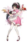  1girl apron black_hair bow cake dessert dress food frilled_dress frills full_body glass high_heels highres holding holding_tray jam long_hair looking_at_viewer maid open_mouth original pancake parfait pink_dress pink_wristband ponytail puffy_short_sleeves puffy_sleeves red_bow red_eyes risem short_sleeves simple_background slice_of_cake standing thighhighs tray very_long_hair waitress white_background white_legwear wristband 