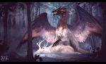  2019 antlers black_bars cervid detailed_background digital_media_(artwork) dragon duo feathered_dragon feathers feral forest hi_res horn mammal night open_mouth outside solo tatiilange tree 