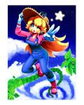  1girl ;) absurdres bangs bean_stalk blonde_hair blue_earrings blue_eyes blue_overalls blue_sky boots cappy_(mario) climbing cloud collarbone commentary earrings farmer full_body gloves hat highres jewelry long_hair long_sleeves looking_at_viewer mario_(series) mouth_hold nintendo one_eye_closed outdoors outstretched_arm overalls pink_footwear pink_shirt princess_peach ravenousruss shirt sidelocks sky smile solo star_(sky) sun_hat super_mario_odyssey v white_gloves 