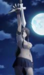  10s 1girl ahoge antenna_hair areolae blood bow breasts erect_nipples fingerless_gloves gloves grey_eyes hair_over_one_eye highres ikkitousen kan&#039;u_unchou large_breasts long_hair midriff moon navel night night_sky nipples outdoors outstretched_arm polearm purple_hair red_gloves school_uniform screencap skirt sky spear stitched third-party_edit torn_clothes uniform very_long_hair weapon 