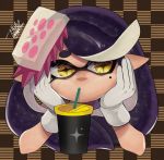  +_+ 1girl alternate_hairstyle aori_(splatoon) checkered checkered_background cup domino_mask drinking drinking_straw food food_on_head gloves hands_on_own_face hands_up isamu-ki_(yuuki) long_hair mask mole mole_under_eye object_on_head pointy_ears purple_hair signature solo splatoon splatoon_(series) splatoon_1 symbol-shaped_pupils tentacle_hair white_gloves yellow_eyes 