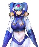  1girl android arms_behind_head arms_up blue_eyes blush breasts byte_(grunty-hag1) covered_navel cowboy_shot female helmet large_breasts leviathan_(rockman) open_mouth rockman rockman_zero simple_background solo white_background 