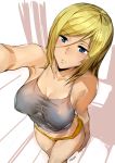  1girl arm_up ashiomi_masato blonde_hair blue_eyes breasts camisole collarbone commentary_request cowboy_shot expressionless eyebrows_visible_through_hair foreshortening from_above guilty_gear legs_crossed medium_breasts medium_hair midriff millia_rage navel orange_panties panties parted_lips shirt solo taut_clothes taut_shirt underwear 