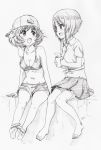  2girls :d absurdres akiyama_yukari arm_support backwards_hat bangs barefoot baseball_cap bikini bikini_shorts breasts camouflage camouflage_bikini cleavage collarbone commentary cup eyebrows_visible_through_hair front-tie_top girls_und_panzer graphite_(medium) greyscale groin hat highres holding holding_cup light_blush looking_at_another medium_breasts messy_hair midriff miniskirt monochrome mug multiple_girls navel nishizumi_miho open_mouth pink_x pleated_skirt shirt short_hair short_sleeves shorts sitting skirt smile steam swimsuit t-shirt traditional_media 