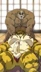  anthro anthro_on_anthro ashigara balls big_pecs butt clothing duo erection eyebrows facial_hair felid g-string humanoid_penis lying magan male male/male mammal mohawk musclegut muscular muscular_male nipples on_back pantherine pecs penis squeezing swimsuit taoren thick_eyebrows tiger tokyo_afterschool_summoners underwear ursid video_games 