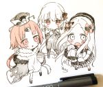  3girls :o abigail_williams_(fate/grand_order) apron bangs benienma_(fate/grand_order) blush bow bug butterfly chibi closed_mouth detached_sleeves dress eyebrows_visible_through_hair fate/grand_order fate_(series) forehead hair_between_eyes hair_bow hand_up hat highres holding holding_stuffed_animal insect japanese_clothes kama_(fate/grand_order) kimono long_hair long_sleeves multiple_girls open_mouth parted_bangs parted_lips photo shoes signature skirt sleeves_past_fingers sleeves_past_wrists sofra standing stuffed_animal stuffed_toy teddy_bear thighhighs traditional_media very_long_hair white_background wide_sleeves 