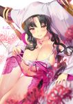  1girl aguy black_hair blush breasts cleavage commentary_request facial_mark fate/grand_order fate_(series) forehead_mark habit hood lace lace-trimmed_panties large_breasts long_hair looking_at_viewer nail_polish navel panties parted_lips pink_nails pink_panties sesshouin_kiara smile solo tattoo thighs underwear yellow_eyes 