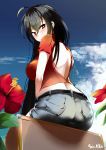  1girl absurdres ahoge alternate_costume artist_name ass azur_lane backless_outfit bangs bare_back belt black_belt black_hair blue_sky casual cloud cloudy_sky commentary_request crossed_bangs denim eyebrows_visible_through_hair flower from_behind hibiscus highres jeans long_hair looking_at_viewer looking_back midriff outdoors pants pantylines red_eyes red_shirt shiozuke_ikura shirt shorts sitting sky solo taihou_(azur_lane) very_long_hair 