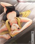  akosan bed blonde_hair breasts cleavage large_breasts long_hair lying one_eye_closed pokemon pokemon_(game) pokemon_dppt shirona_(pokemon) solo very_long_hair yellow_eyes 