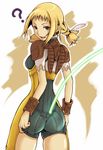  ? adjusting_clothes ass blonde_hair bracer braid brown_eyes commentary_request final_fantasy final_fantasy_xii gameplay_mechanics ina_(gokihoihoi) looking_back open_mouth penelo shoulder_pads smile solo standing twin_braids unitard 