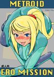  :p all_fours blonde_hair blue_eyes blush breasts cleavage colored cover cover_page doujinshi ero_mission hakkyou_daioujou highres metroid naughty_face nintendo ponytail samus_aran skin_tight tongue zero_suit 