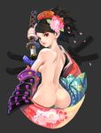  armor ass ass_support breasts brown_eyes brown_hair comb flower hair_flower hair_ornament japanese_armor japanese_clothes katana lips looking_back medium_breasts momohime muuten nude oboro_muramasa petals ponytail sheath short_hair shoulder_armor sideboob sode solo sword unsheathing weapon wide_hips 