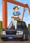  1girl blue_dress boots bracelet brown_eyes brown_hair brown_legwear bun_cover can car chibi china_dress chinese_clothes chun-li commentary_request cross-laced_footwear dock double_bun dress drinking drinking_straw ground_vehicle highres jewelry lexus looking_at_viewer motor_vehicle on_vehicle pantyhose pelvic_curtain puffy_short_sleeves puffy_sleeves sash shigenobu short_sleeves sitting soda_can solo spiked_bracelet spikes street_fighter white_footwear 