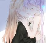  2girls bangs bare_arms bare_shoulders black_coat blonde_hair blush dress eyes_closed hands_on_another&#039;s_shoulders hands_on_another&#039;s_waist hidden_eyes highres imminent_kiss long_hair multiple_girls needledmouse new_game! purple_hair simple_background sleeveless smile suzukaze_aoba white_dress yagami_kou yuri 