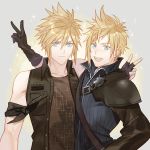  1boy 2boys blonde_hair blue_eyes buster_sword cloud_strife cosplay costume_switch final_fantasy final_fantasy_vii final_fantasy_xv fingerless_gloves ginmu gloves jacket looking_at_viewer male_focus multiple_boys prompto_argentum spiked_hair square_enix sword weapon 