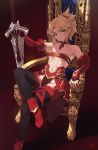  1girl absurdres aqua_eyes bangs bare_shoulders blonde_hair boots braid breasts closed_mouth commentary_request detached_sleeves fate/apocrypha fate/grand_order fate_(series) french_braid full_body head_tilt highres holding holding_sword holding_weapon legs_crossed looking_at_viewer mordred_(fate) mordred_(fate)_(all) navel ponytail sidelocks signature sitting small_breasts solo strapless sword throne tubetop underboob weapon yang-do 