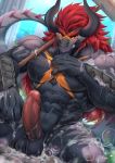  2019 abs anthro balls blush bubble claws demon_lord_dragon_batzz dragon erection front_view future_card_buddyfight hair hi_res horn humanoid_penis looking_at_viewer male muscular muscular_male navel nude pecs penis rabbity red_eyes red_hair sitting soap solo teeth wet 