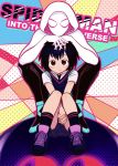  2girls big_eyes black_hair blush clasped_hands colorful costume cute eyebrows female gwen_stacy hand_on_head hood hoodie japanese marvel mask mecha peni_parker school_uniform shoes skirt smile socks sp//dr spider-gwen spider-man:_into_the_spider-verse spider-man_(series) title waki_ase young 