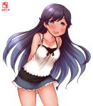  1girl alternate_costume arms_behind_back artist_logo bare_legs black_hair blouse blue_skirt blush breasts collarbone cowboy_shot dated eyebrows_visible_through_hair frilled_skirt frills hair_between_eyes highres i-400_(kantai_collection) kanon_(kurogane_knights) kantai_collection long_hair looking_at_viewer open_mouth purple_eyes signature simple_background skirt sleeveless small_breasts smile solo tan tanline teeth tongue white_background white_blouse 