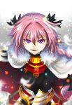  1boy :d androgynous astolfo_(fate) black_bow bow braid cape chi_wa elbow_gloves fang fate/apocrypha fate_(series) faulds fur-trimmed_cape fur_trim gloves hair_bow long_hair long_sleeves looking_at_viewer male_focus open_mouth pink_hair purple_eyes single_braid smile solo standing trap upper_body very_long_hair white_background white_cape white_gloves 