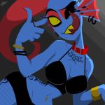  2019 anthro big_breasts black_sclera blue_skin bra bracelet breasts cleavage clothed clothing collar colored_nails ear_frills ear_piercing eyelashes female finger_gun fish fishnet fishnet_legwear frill hair hi_res jewelry legwear long_hair looking_at_viewer marine nato_osushi navel navel_piercing no_iris non-mammal_breasts piercing ponytail pose red_hair ring scalie sharp_teeth small_waist smile solo stockings tattoo teeth thigh_highs tongue tongue_out tongue_piercing undertale underwear underwear_only undyne video_games wide_hips yellow_sclera 