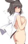  1girl ass back bangs black_hair blush breasts cape covering covering_breasts fate/grand_order fate_(series) hair_between_eyes hands_on_own_chest head_wings hip_focus looking_at_viewer looking_back medium_breasts naked_cape ortlinde_(fate/grand_order) parted_lips red_eyes shiseki_hirame short_hair sidelocks solo valkyrie_(fate/grand_order) 