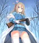  1girl absurdres bangs bare_tree belt belt_buckle blue_eyes blue_hairband blue_jacket blue_skirt blue_sky blush breasts brown_belt buckle closed_mouth commentary_request day eyebrows_visible_through_hair girls_frontline gluteal_fold grey_panties gun hair_between_eyes hair_ornament hairband highres holding holding_gun holding_weapon jacket light_brown_hair long_hair long_sleeves medium_breasts object_namesake one_side_up outdoors panties pleated_skirt skirt sky snow snowflake_hair_ornament snowing solo striped submachine_gun suomi_kp/-31 suomi_kp31_(girls_frontline) thighhighs tree underwear vertical-striped_skirt vertical_stripes weapon white_legwear xue_lu 