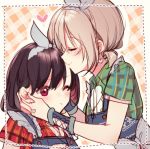  2girls aoba_moka apron bang_dream! black_hair blue_apron blush bow earrings eyes_closed green_shirt grey_bow grey_hair hair_bow heart heart_earrings jewelry matching_outfit mitake_ran mizukikushou multicolored_hair multiple_girls one_eye_closed orange_background plaid plaid_background plaid_shirt red_eyes red_hair red_shirt shirt short_hair streaked_hair upper_body yuri 