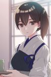  1girl black_hair brown_eyes commentary_request cup dated japanese_clothes kaga_(kantai_collection) kantai_collection kimono koruri long_hair looking_at_viewer muneate parted_lips side_ponytail solo tasuki tray twitter_username upper_body white_kimono window yunomi 