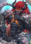  2019 abs anthro balls blush bubble claws cum cum_on_balls cum_on_penis demon_lord_dragon_batzz dragon erection front_view future_card_buddyfight hair hi_res horn humanoid_penis looking_at_viewer male muscular muscular_male navel nude pecs penis rabbity red_eyes red_hair sitting soap solo teeth wet 