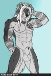  abs animal_genitalia anthro athletic balls biceps black_nose canid canine canis digital_media_(artwork) fur hair hi_res loboplateado long_hair looking_at_viewer male mammal muscular nipples nude pecs pose sheath simple_background smile solo white_fur wolf zwolf 