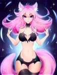  2019 5_fingers absurd_res animal_humanoid breasts cat_humanoid clothed clothing digital_media_(artwork) felid felid_humanoid feline feline_humanoid female hair hi_res humanoid koveliana mammal midriff navel pink_hair smile solo standing 