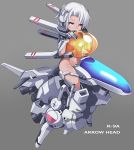  1girl arrowhead_(r-type) bangs blue_eyes blush breasts character_name commentary_request covered_mouth eyebrows_visible_through_hair full_body gloves grey_background grey_gloves grey_hair groin hair_between_eyes hands_up highres karukan_(monjya) mecha_musume navel personification r-type simple_background sitting small_breasts solo transparent 