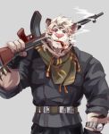  2019 anthro clothed clothing digital_media_(artwork) felid fur gun male mammal muscular pantherine raki0v0 ranged_weapon scarf smoking tiger weapon 