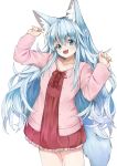  1girl :d animal_ear_fluff animal_ears blue_eyes commentary_request dress fox_ears fox_girl fox_tail frilled_dress frills highres light_blue_hair long_hair open_mouth original pink_cardigan red_dress short_dress simple_background smile tail waichi white_background 